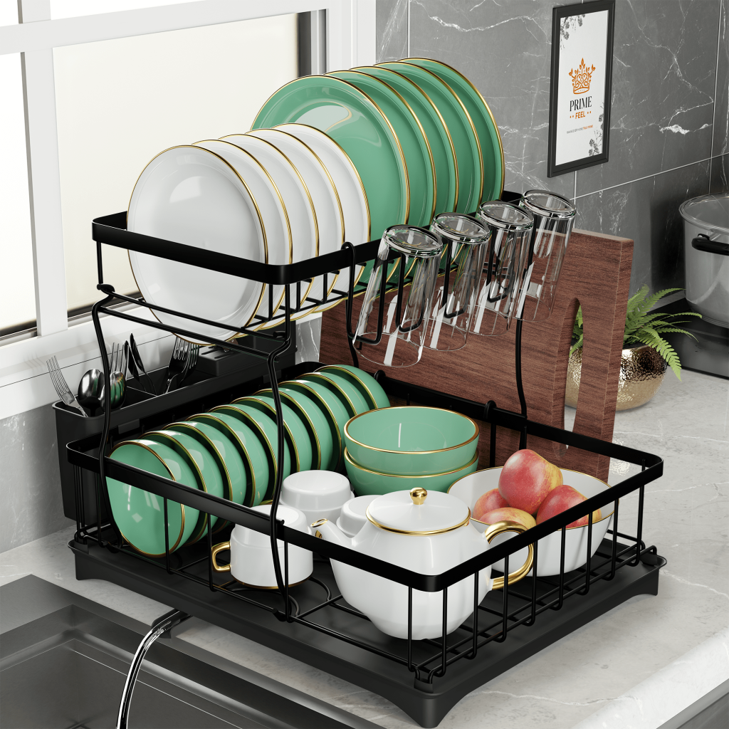 PRIME_FEEL_2_Tier_Dish_Drainer_Rack_Rustproof_Dish_Drying_Rack for_Kitchen_Countertop_Draining_Board_Rack_with_Drip_Tray_Cutlery_Drainer_Glass Holder_&_Chopping_Board_Rack_Black
